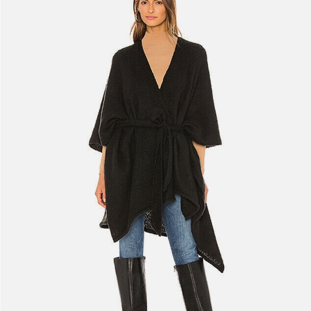 Michael Stars Tie Waist Poncho Fuzzy Black Shawl Cozy Warm One Size
